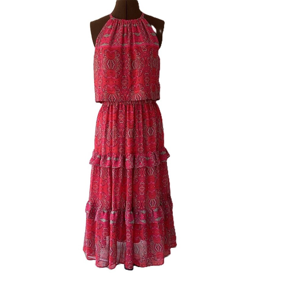 Deep Pink Floral Halter Tiered Maxi Dress
